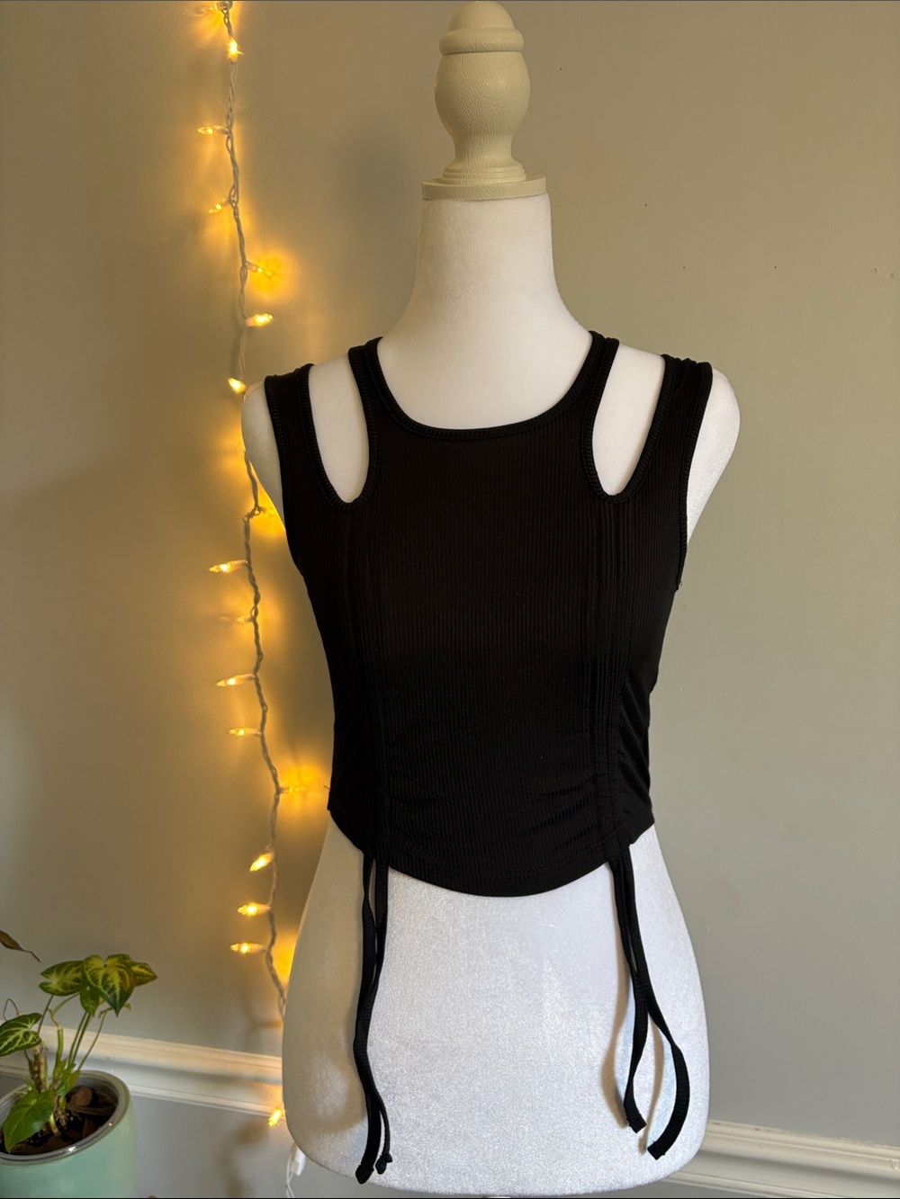 Black Ribbed Drawstring Tank Top